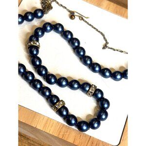 Vintage Blue Faux Pearl Necklace With Rhinestone Accents & Adjustable Hook Clasp